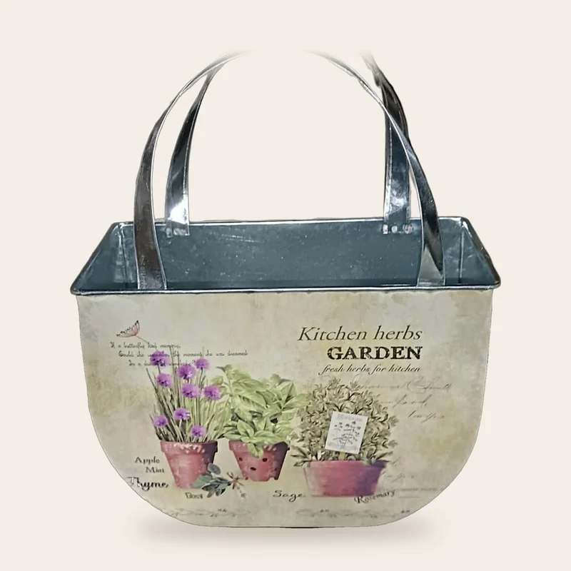 Borsetta portapiante in metallo con manici, con decoro vintage di erbe aromatiche (Kitchen herbs Garden), 22 × 12 cm