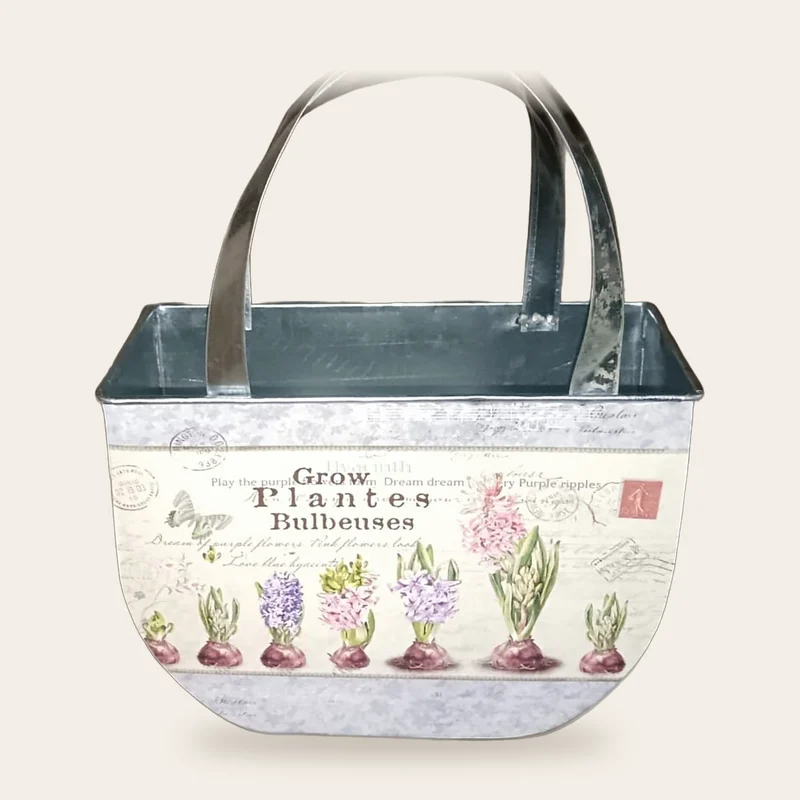 Borsetta portapiante in metallo con manici, con decoro vintage di giacinti (Plantes Bulbeuses), 22 × 12 cm