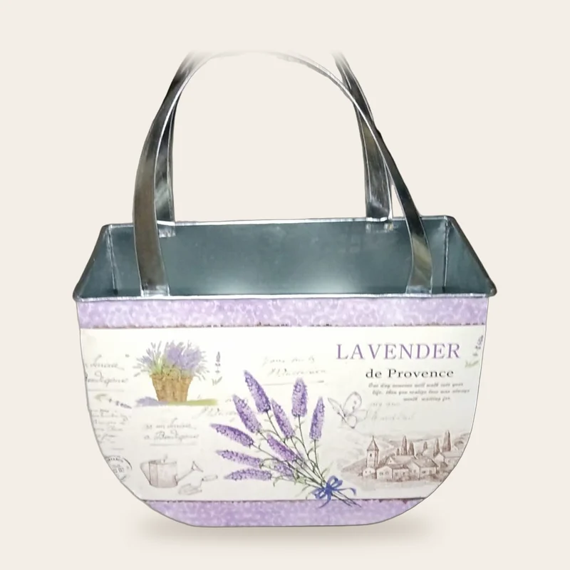 Borsetta portapiante in metallo con manici, con decoro vintage di lavanda (Lavender de Provence), 22 × 12 cm