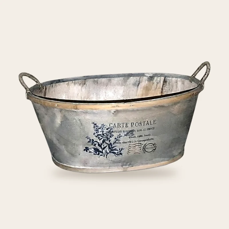 Tinozza ovale in legno con finitura anticata, due manici e decoro botanico Carte Postale, 37 × 25 cm